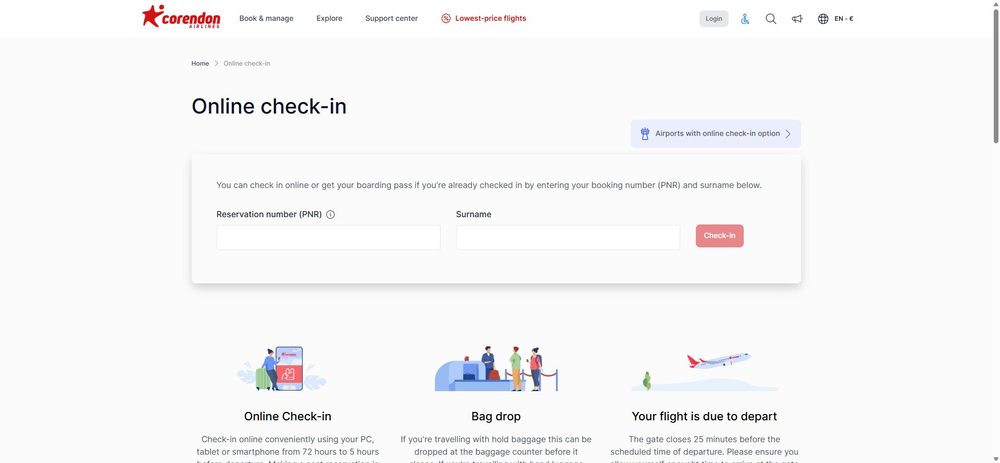 Окно онлайн-регистрации Corendon Airlines: номер брони (PNR) и фамилия